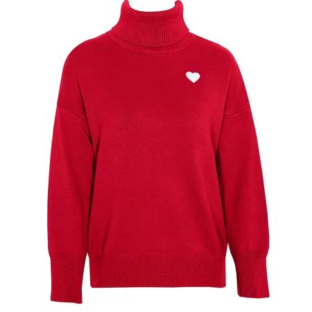 BOOMTB Women Lantern Long Sleeve Sweater Turtleneck Red Heart Embroidered Pullover Tops Loose Holida | Walmart (US)