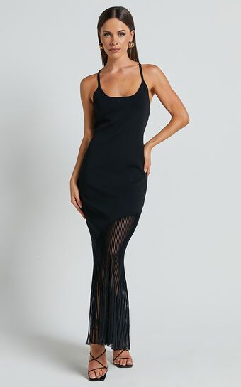 Chelly Midi Dress - Knitted Asymmetric Sheer Hem panel Dress in Black | Showpo (US, UK & Europe)