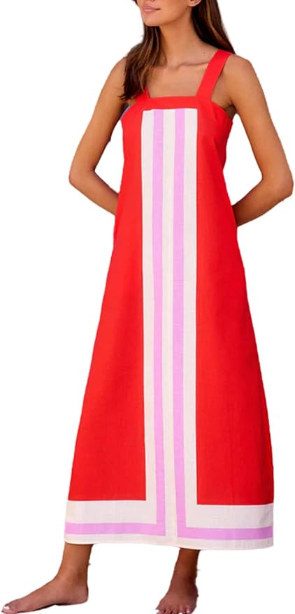 Fiona Jolin Womens Summer Maxi Dress Boho Striped Shoulder Strap Long Sundress Beach Cover Up Dre... | Amazon (US)