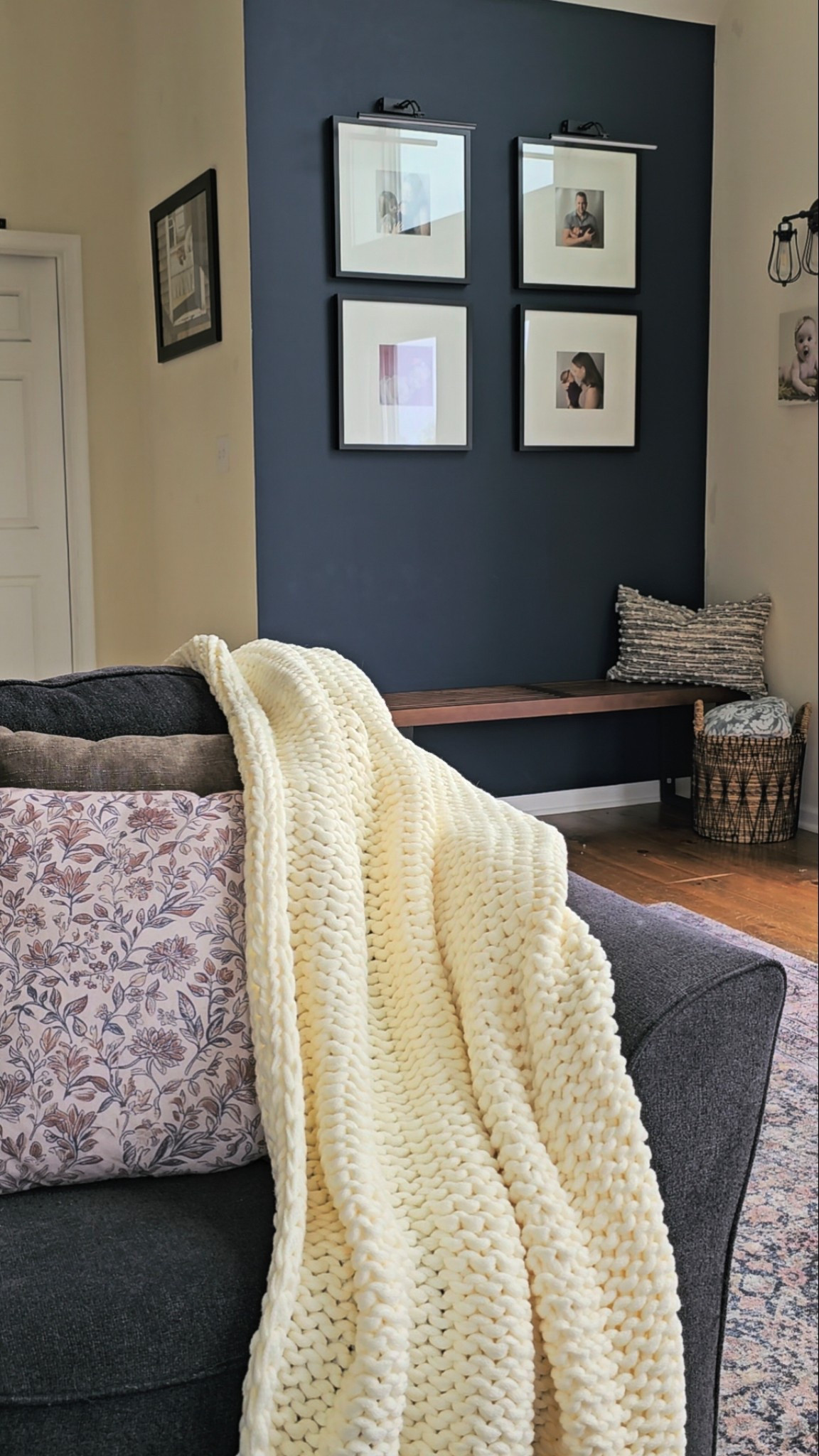 Cozy living room inspo for spring!  Shop by clicking the thumbnails below👇. Living room, knit blanket, couch pillows, living room pillows, decorative pillows, basket, gallery wall, gallery frames, bench, farmhouse living room, wall art, cozy living room

#LTKStyleTip #LTKSaleAlert #LTKHome