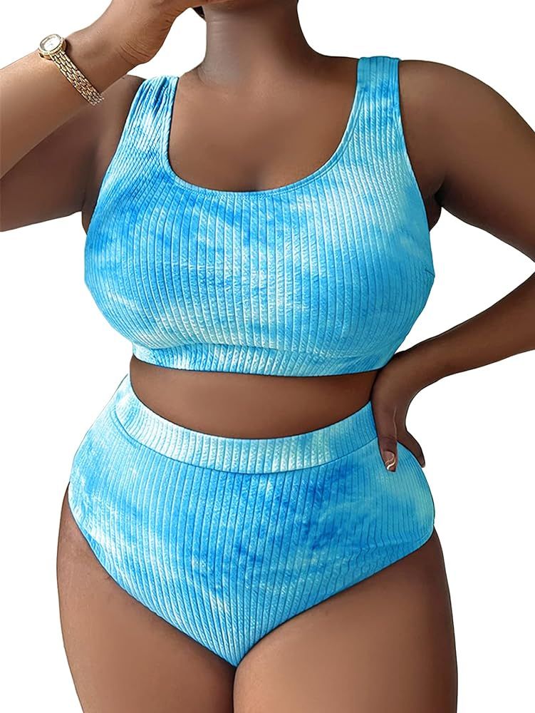 MakeMeChic Women's Plus Size 2 Piece Bathing Suits Tie Dye High Waisted Ribbed Bikini Swimsuits | Amazon (US)