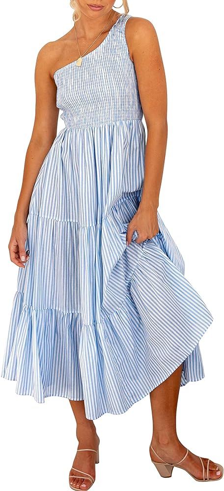 ANRABESS Women's 2024 Spring Bohemian One Shoulder Sleeveless Smocked Ruffle Tiered Beach Maxi Su... | Amazon (US)