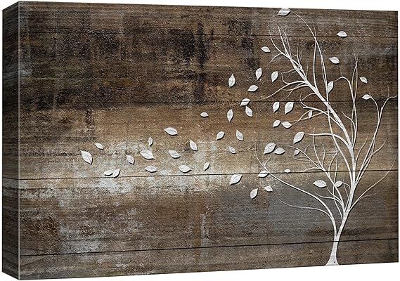 wall26 Canvas Print Wall Art White Tree Silhouette with Blowing Leaves on Vintage Wood Panels Nat... | Amazon (US)