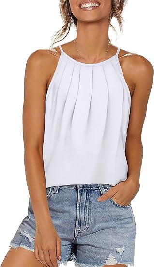 WIHOLL Womens Pleated Tank Tops Spaghetti Strap Camisole Halter Tops Curved Hem Fashion 2024 | Amazon (US)