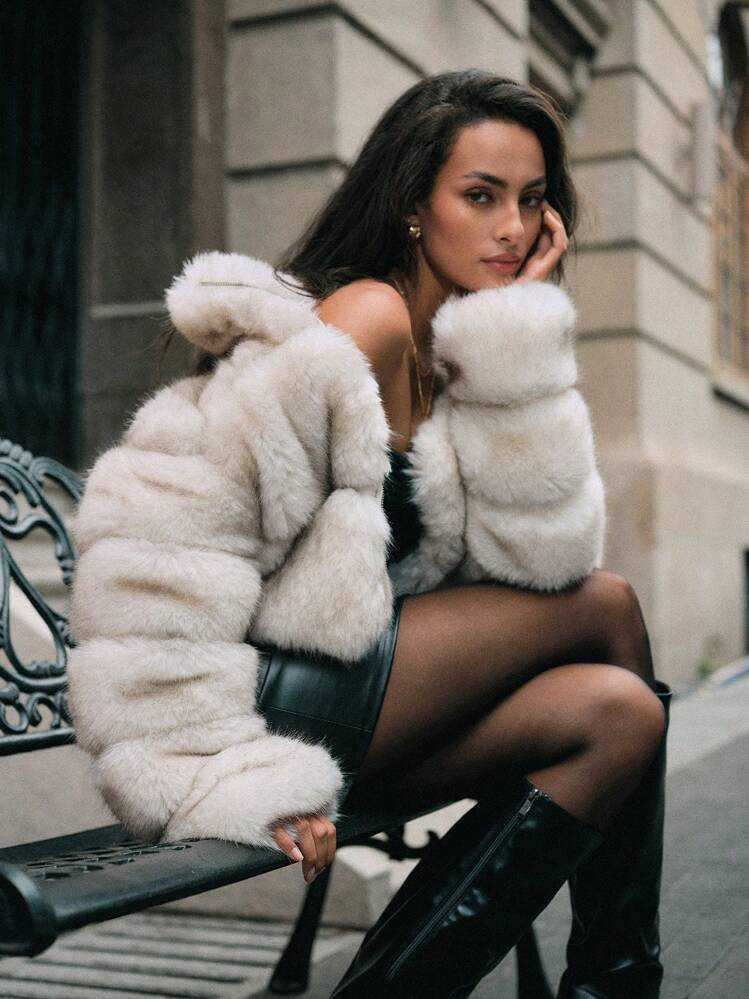 Anewsta Latest Fashion Fluffy Collar Elegant Short Jacket For Women | SHEIN