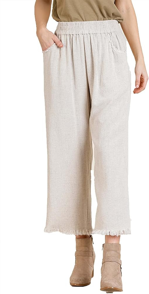 Umgee Womens Wide Leg Pant with Elastic Waist, Pockets, and Frayed Hem | Amazon (US)