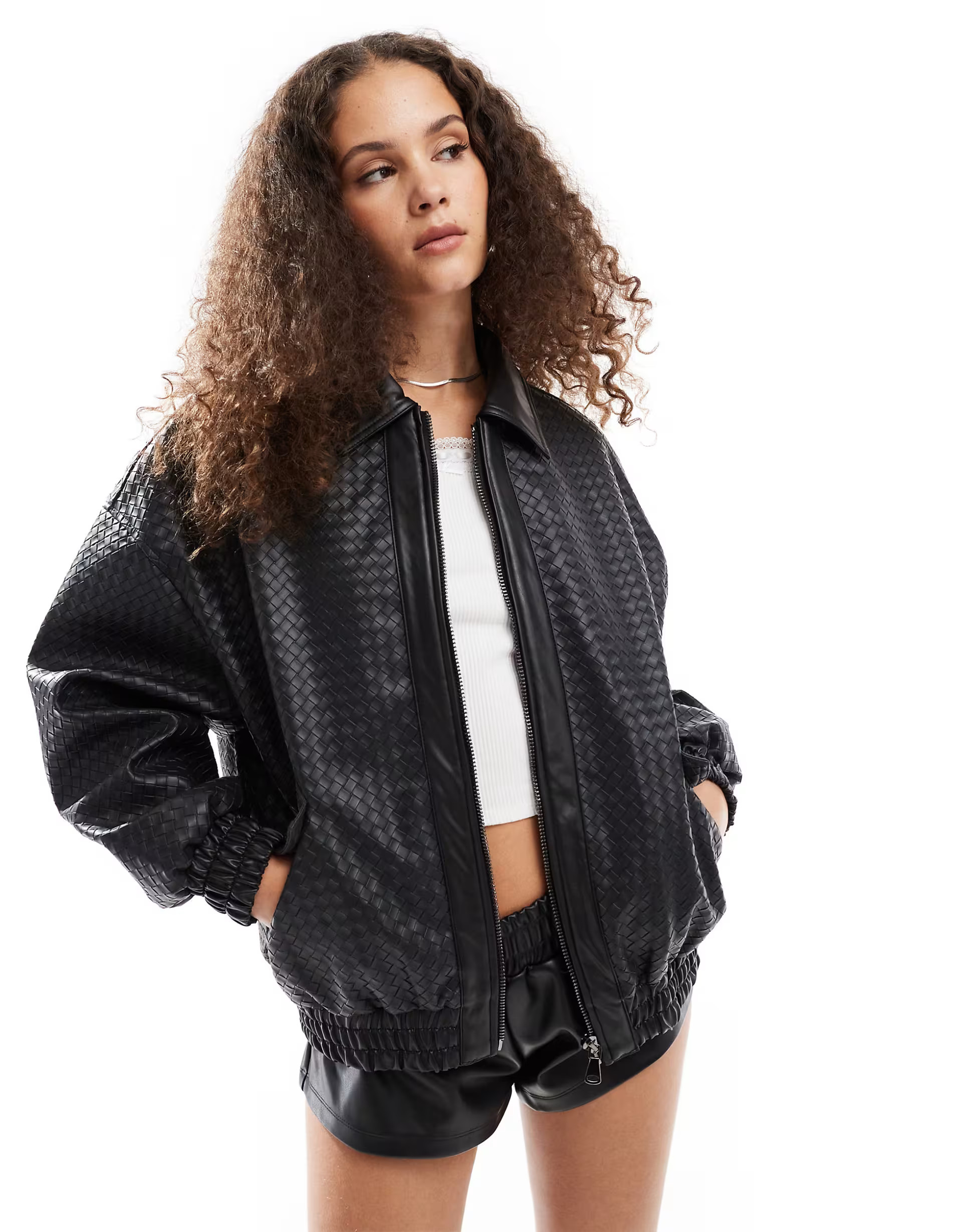 Lioness weave detail leather look bomber jacket in black | ASOS (Global)