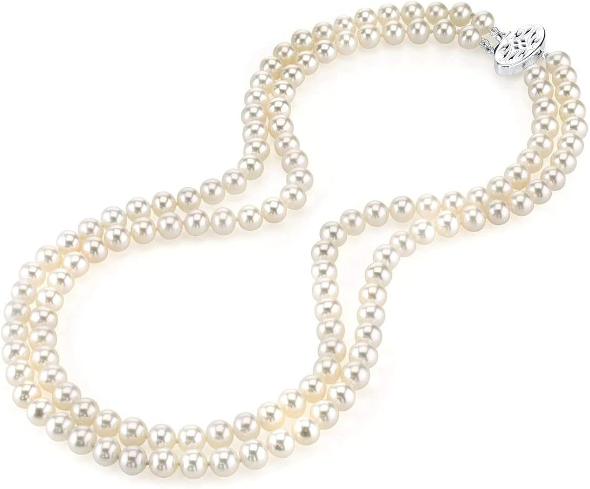The Pearl Source AAA Quality Double Strand White Freshwater Cultured Pearl Necklace for Women in ... | Amazon (US)