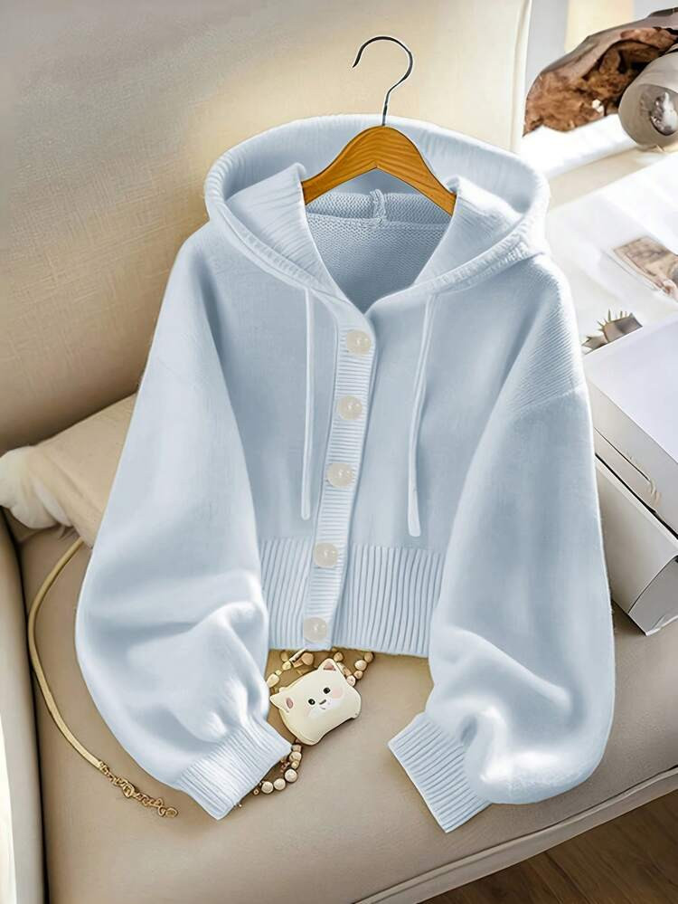 Autumn And Winter Women's Fashion Elegant Urban Casual Women's Autumn And Winter Cardigan Top White Comfortable Casual Simple Home Commuter Button Hat Rope Design Hooded Long Sleeve Women's Knitted Cardigan Women's Knitted Tops Sweater | SHEIN