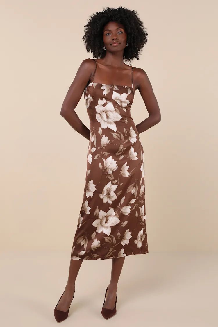 Naturally Serene Brown Floral Satin Seamed Midi Dress | Lulus