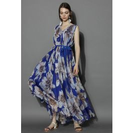 Marvelous Floral Chiffon Maxi Dress in Blue | Chicwish