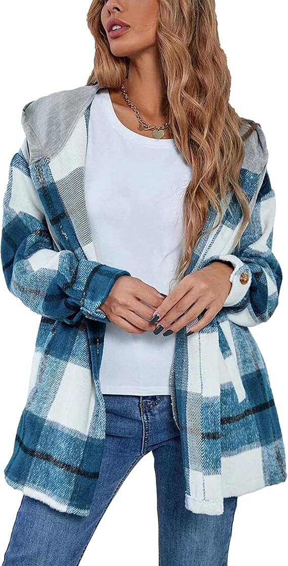 Bozanly Women's Oversized Flannel Plaid Shacket Jacket with Hood Long Sleeve Button Down Shirts H... | Amazon (US)