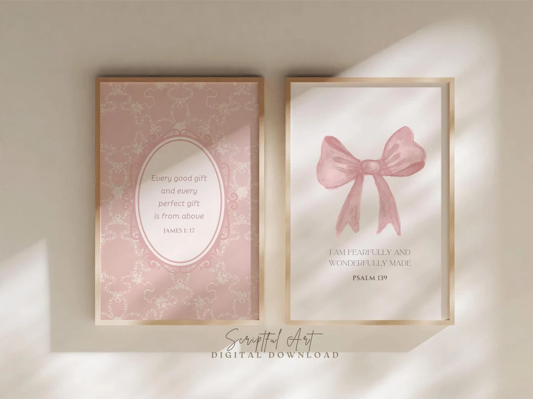 Pink Bow Nursery Decor, Christian Wall Art, Set of 2, Girls Room Decor, Cute Bible Prints, Cottag... | Etsy (US)