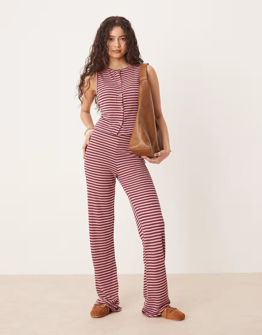 ASOS DESIGN knitted wide leg trouser co-ord in pink and burgundy stripe-Multi | ASOS (Global)