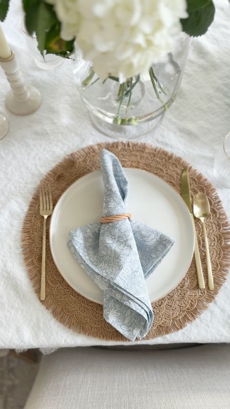 Simple spring or summer place setting. My new napkins from McGee & Co are perfection!! These placemats are so pretty and affordable. My gold flatware and ceramic and gold dish set are a favorite from Joss & Main. 

#LTKhome #LTKstyletip #LTKsalealert