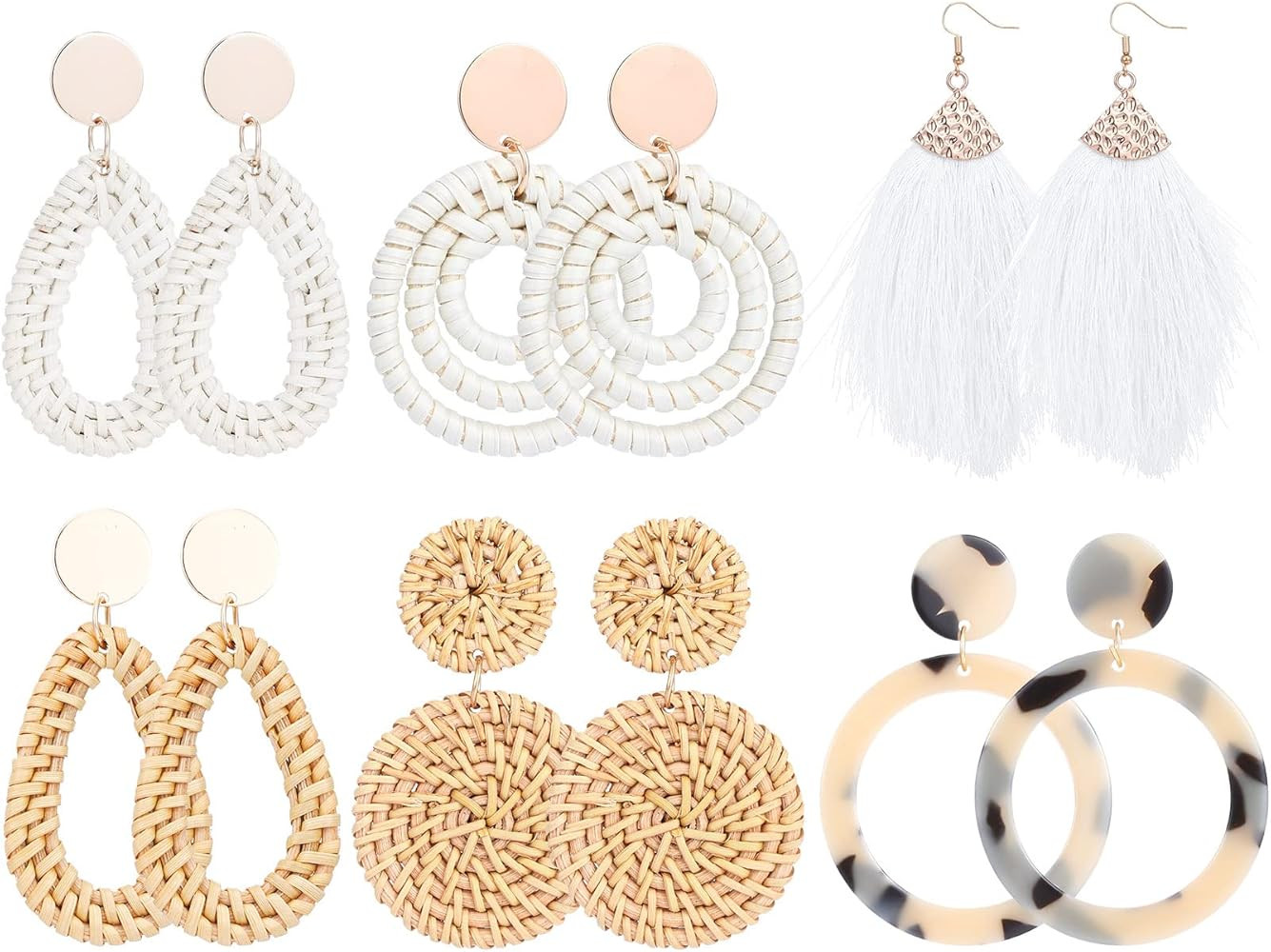 6 Pairs Rattan Earrings Straw Earrings Tassel Woven Bohemian Earring Handmade Wicker Braid Hoop D... | Amazon (US)