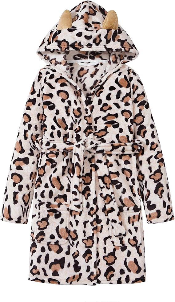 Topgal Leopard Cat Robe for Girls Fleece Toddler Kids Teen Hooded Bathrobe Size 4T-18 | Amazon (US)