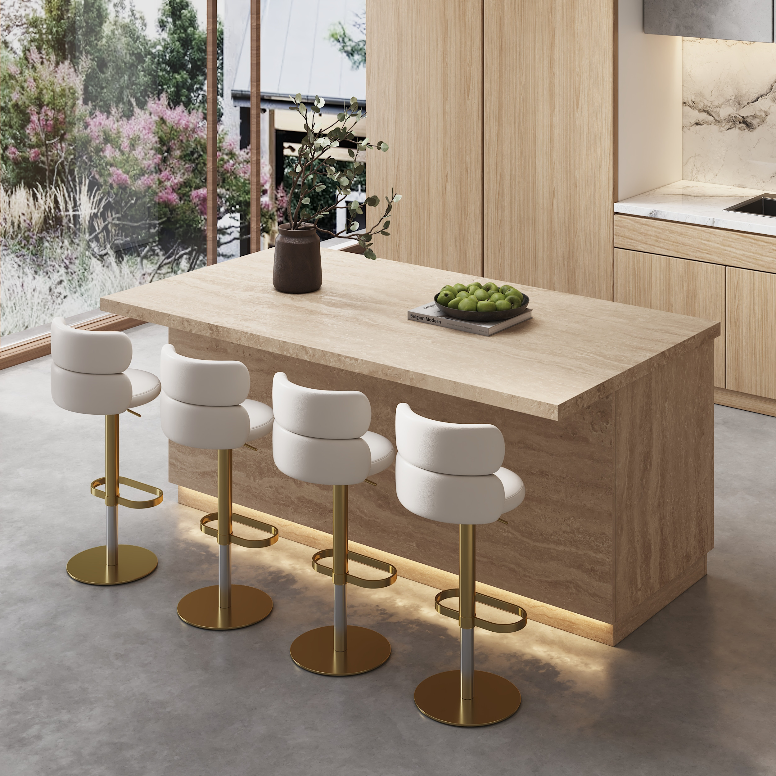 72"" Kitchen lsland Wood with Storage & LED Light Matte Travertine Japandi Style Kitchen Cabinet | Homary