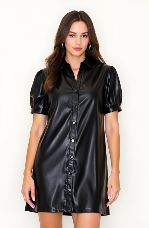 Modenaire Faux Leather Puff Sleeve Button Front Shirt Dress in Black at Nordstrom, Size Small | Nordstrom