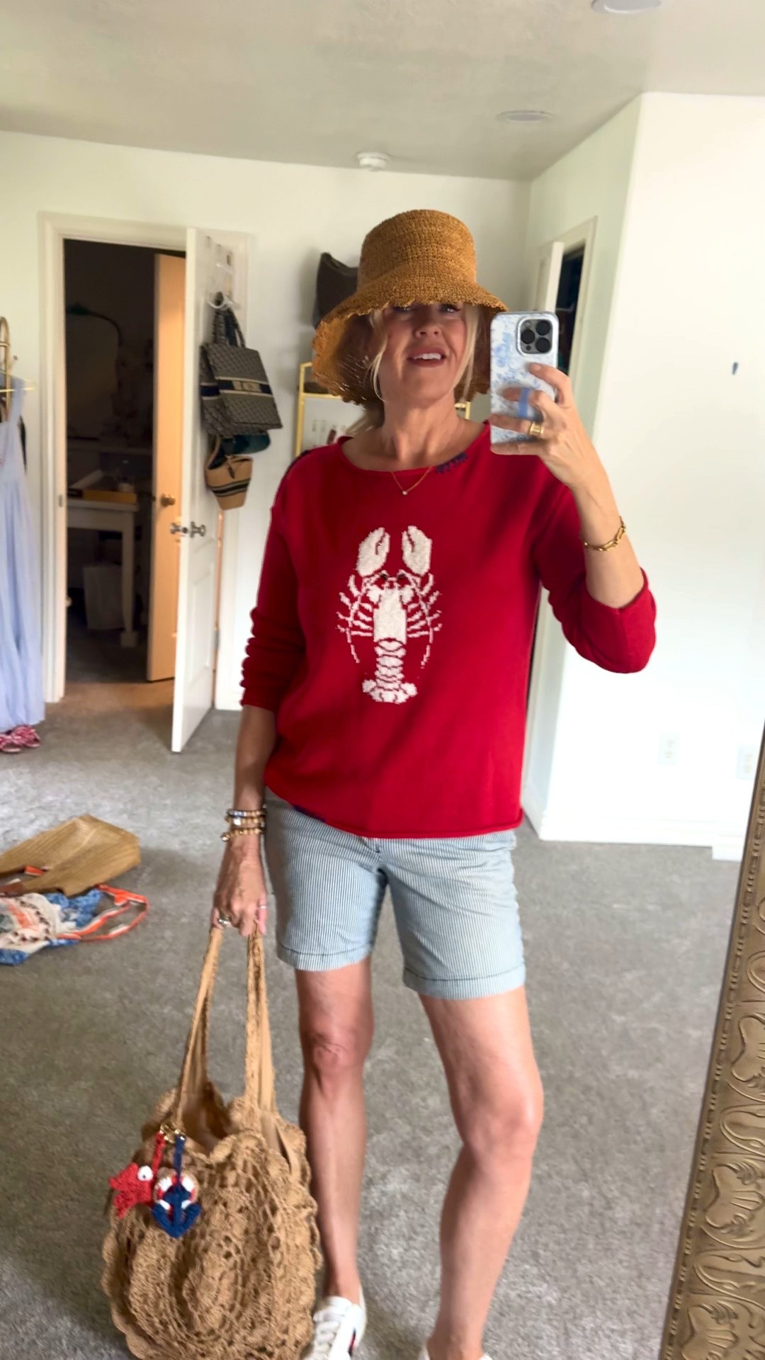 🚨 sale 

New England/ cape/ Nantucket/main Coastal Summer vibe 

I am headed to the farmer market..

Lobster sweater on sale 🚨 tts I have on the med- on sale

Navy and white pinstripe shorts (old) linked similar  by Kut from the kloth tts 

Target bag charms on sale

Amazon find Beach bag  affordable and fully lined 
Perfect for pool / travel and with sun dresses 

Sun Hat - Anthro and comes in a couple colors 

Frankie 4  white leather tennis shoes with red &navy stripe


#LTKStyleTip #LTKSaleAlert #LTKSummerEdit