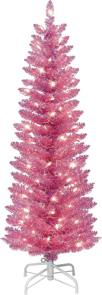 Puleo International 4.5 ft Pre-Lit Pink Tinsel Artificial Tree | Amazon (US)