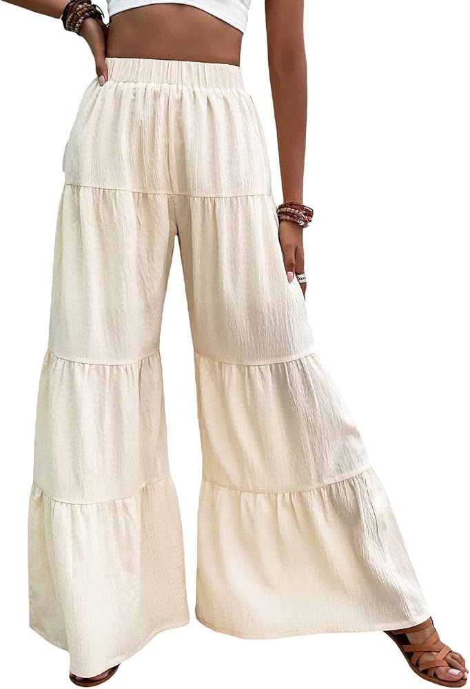 Floerns Women's Boho Elastic High Waisted Ruffle Hem Wide Leg Palazzo Pants | Amazon (US)
