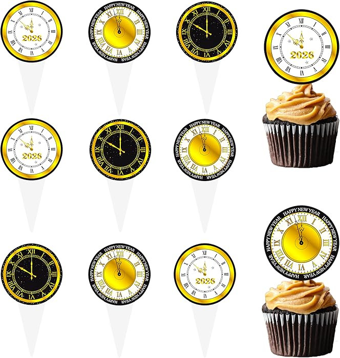 Happy New Year Party Cupcake Toppers 48Pcs Countdown Clock Theme Cupcake Toppers for 2026 New Yea... | Amazon (US)
