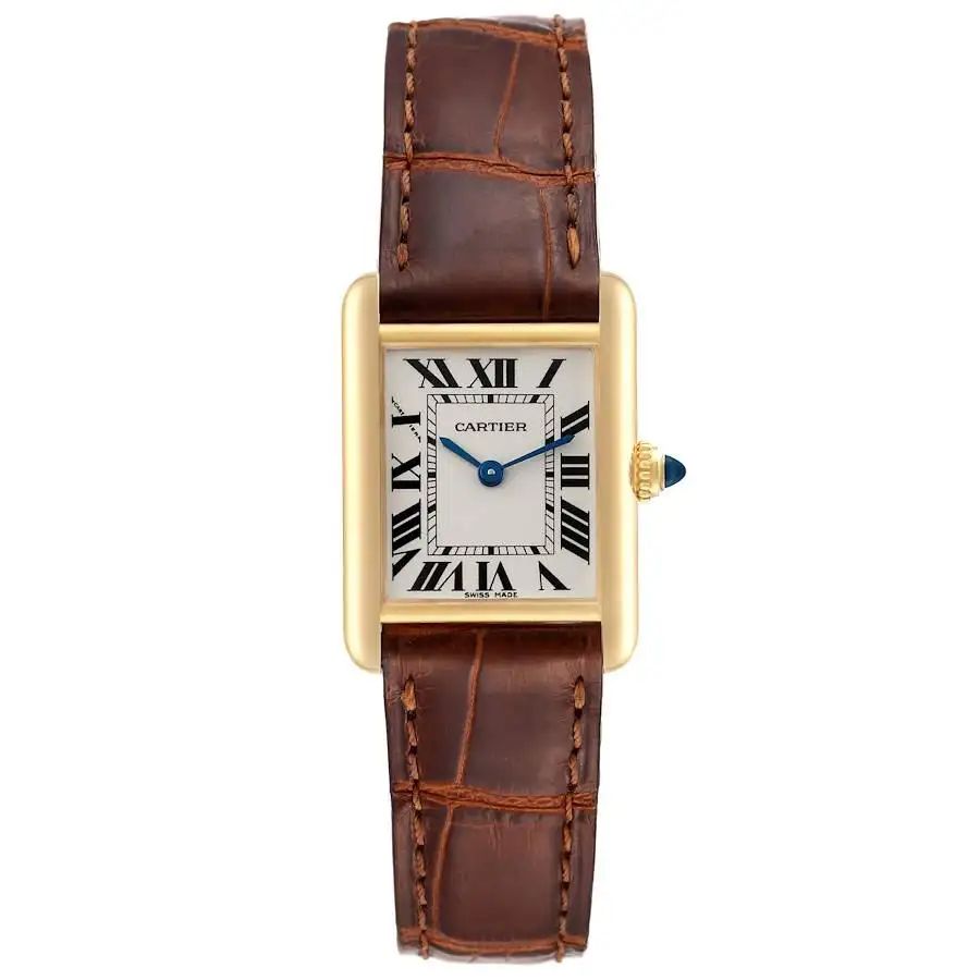 Cartier Tank Louis Small Yellow Gold Brown Strap Ladies Watch W1529856 | 1stDibs