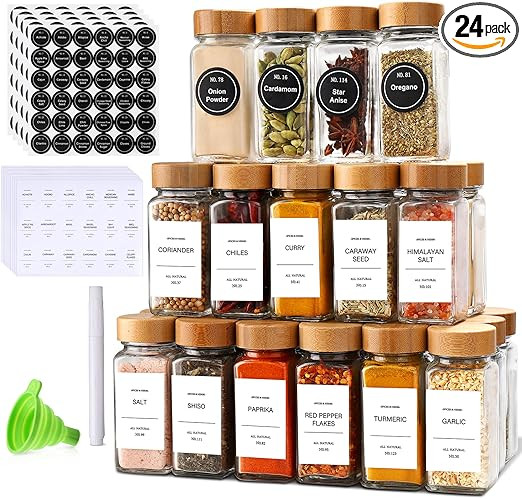 DIMBRAH Spice Jars with Label 24Pcs,Seasoning Containers,Glass Spice Jars with Bamboo Lids,Kitche... | Amazon (US)