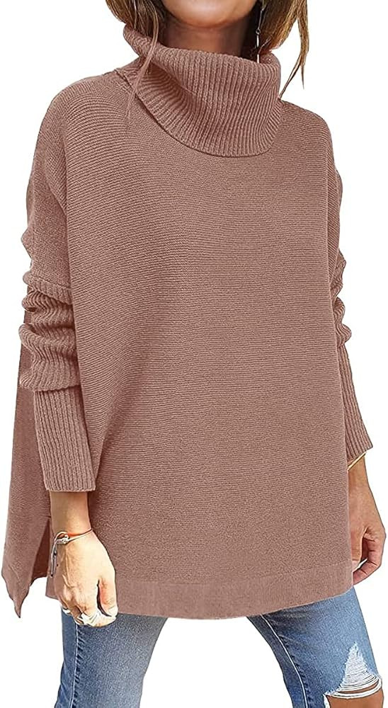 Drrita Women's Turtleneck Sweaters 2021 Oversized Batwing Sleeve Spilt Hem Asymmetric Pullover Sw... | Amazon (US)