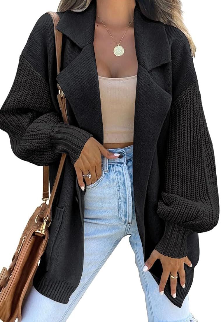 Women's Long Sleeve Open Front Knit Cardigan Sweaters 2023 Lapel Oversized Slouchy Coat with Pock... | Amazon (US)