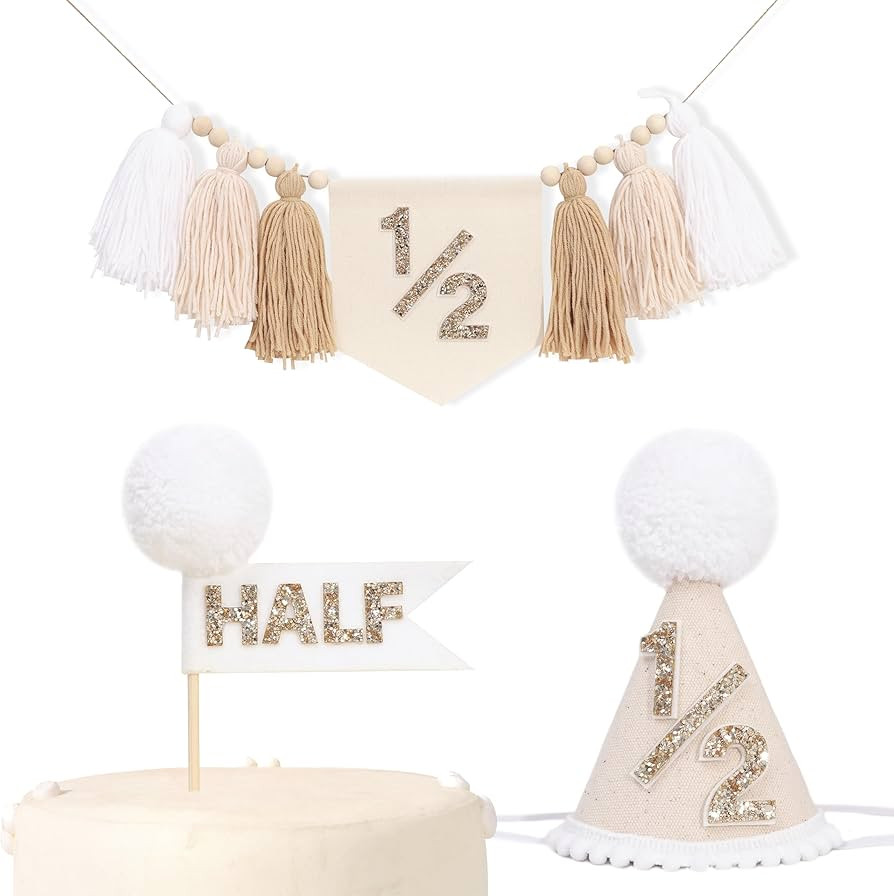 1/2 Birthday Party Decoration Set - Beige White Tassel High Chair Banner,Half Way to One Cake Top... | Amazon (US)