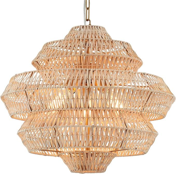 22” Hand Woven Rattan Chandelier 5 Round Adjustable Boho Pendant Light Farmhouse Large Brass Pe... | Amazon (US)