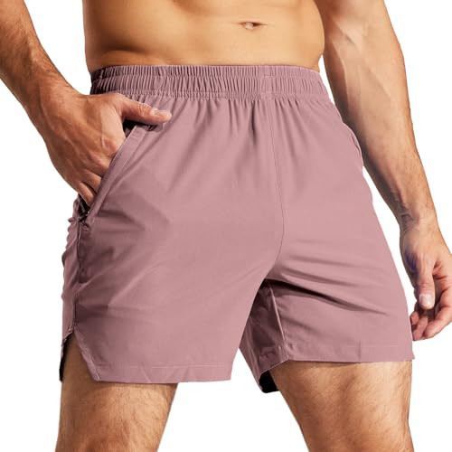 MIER Men's 5 Inch Athletic Shorts with Zipper Pockets Dry Fit Gym Workout Running Shorts, Elastic Waist, Dusty Pink, XL | Amazon (US)