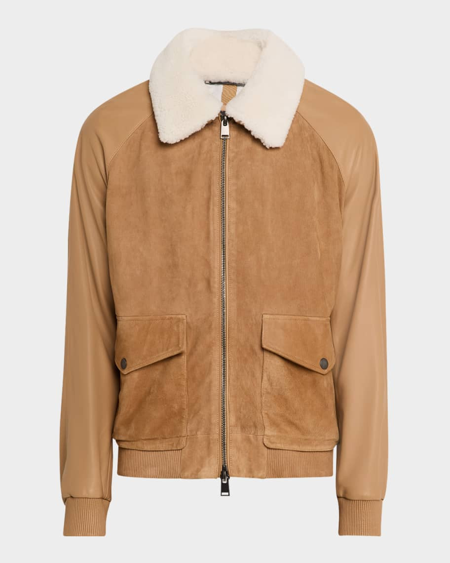 BOSS Camel Men's Maduroy Shearling-Collar Corduroy and Leather Jacket | Neiman Marcus