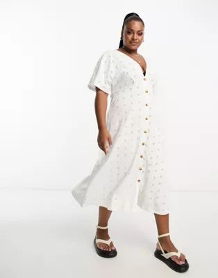 ASOS DESIGN Curve broderie v neck midi dress with buttons in white | ASOS (Global)