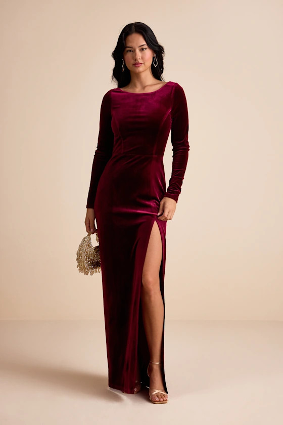 Duarte Burgundy Velvet Cowl Back Long Sleeve Maxi Dress | Lulus