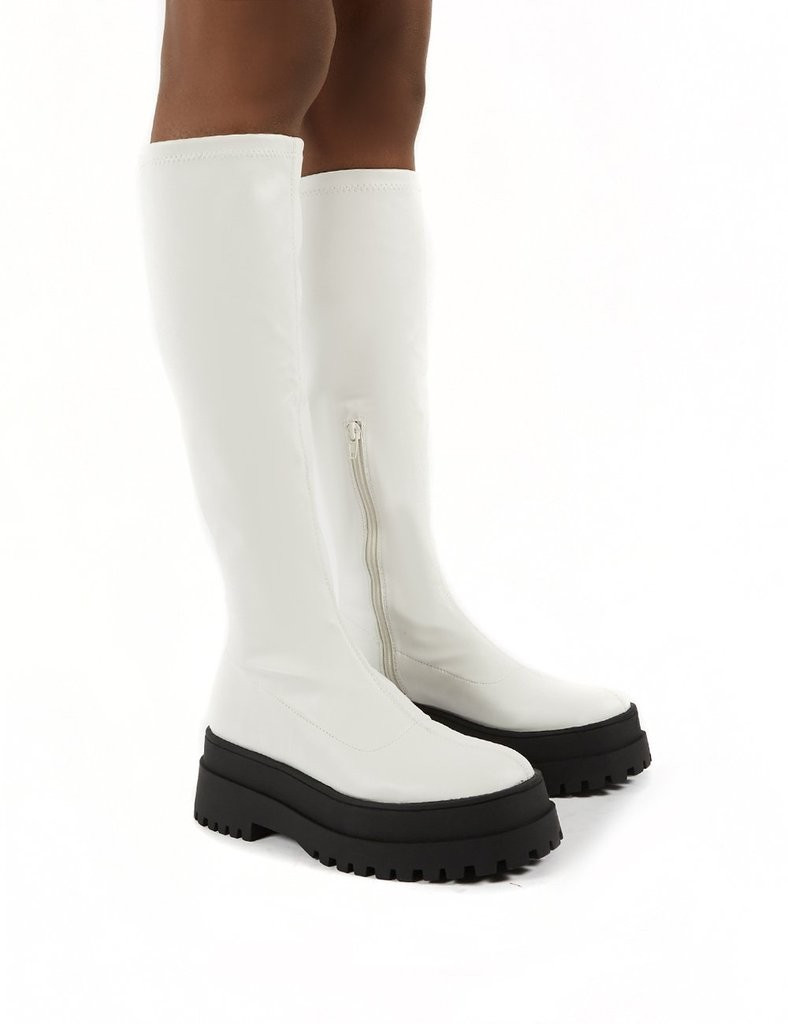 Haunt White PU Knee High Chunky Sole Boots | Public Desire (US & CA)