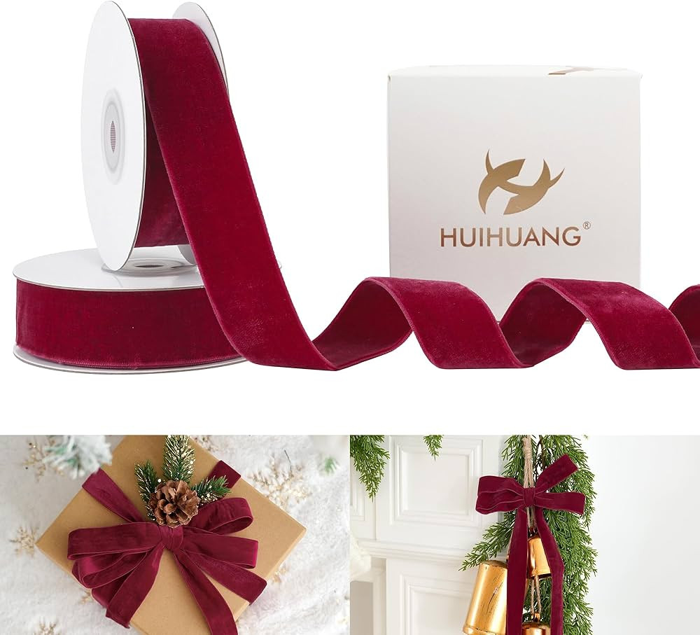 HUIHUANG Burgundy Velvet Ribbon 1 inch Double Face Thick Velvet Ribbons Wine Red Ribbon for Gift ... | Amazon (US)