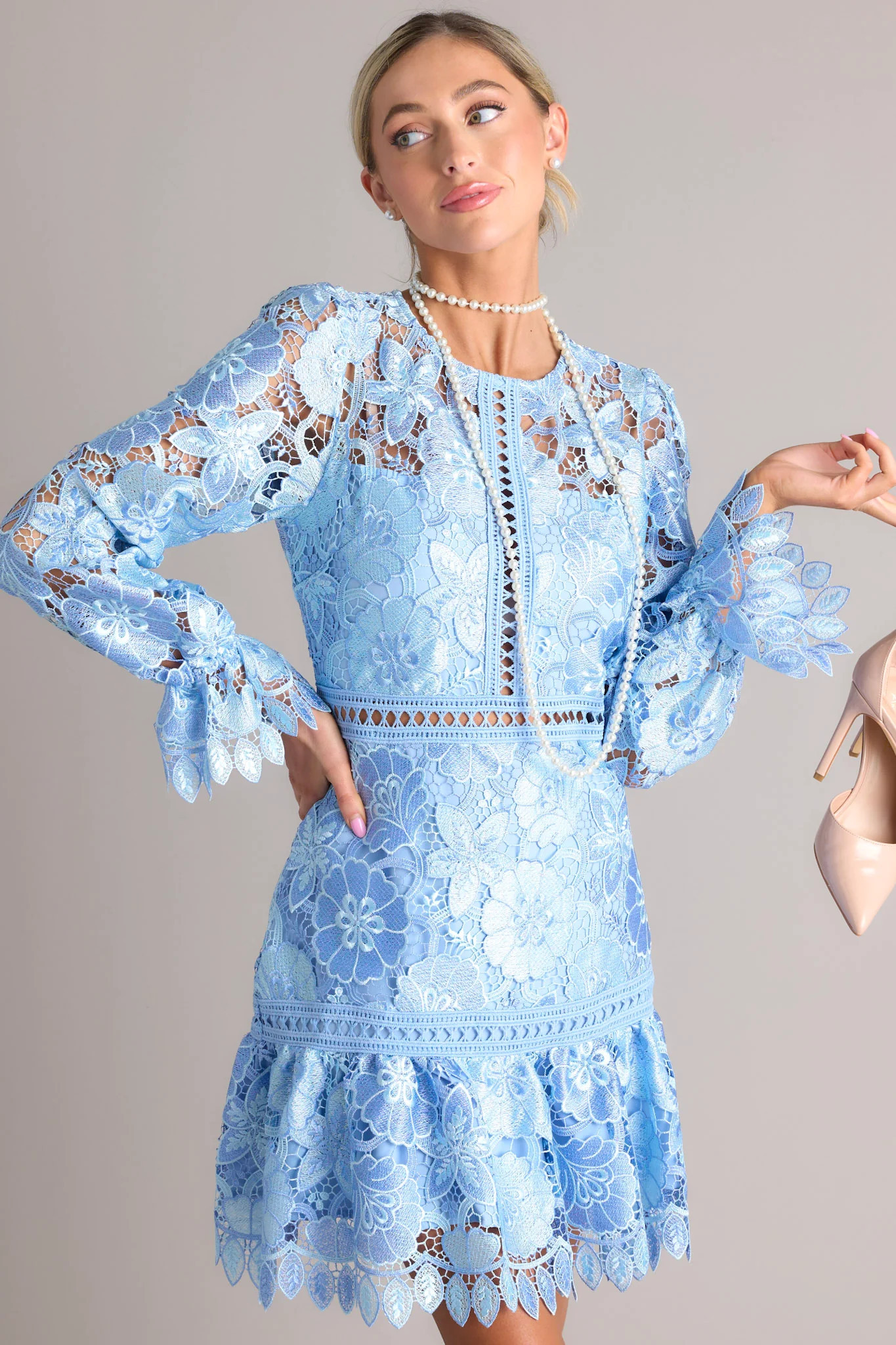 Keep It Authentic Light Blue Floral Embroidered Mini Dress | Red Dress