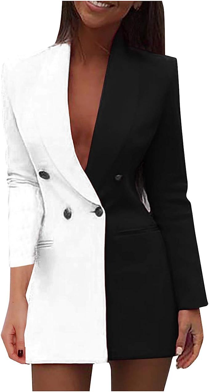 WUAI-Women Colorblock Casual Long Suits Jackets Turn Down Collar Double Breasted OL Work Bodycon ... | Amazon (US)