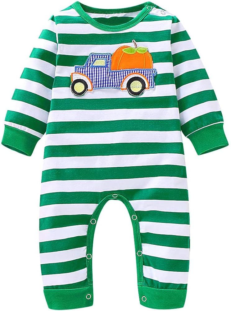 Infant Baby Boy Girl Halloween Outfit Stripe Pumpkin Embroidery Long-Sleeve Bodysuit One-Piece Ju... | Amazon (US)