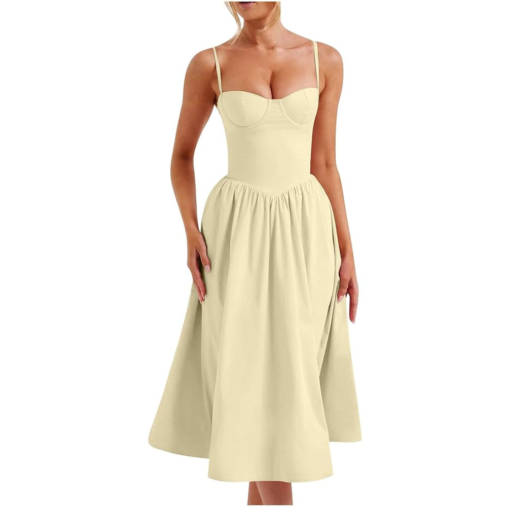 Hnodov Women Sexy Slim Fit Swing Dresses Summer Spaghetti Strap Sleeveless Pleated Midi Sundress ... | Amazon (CA)