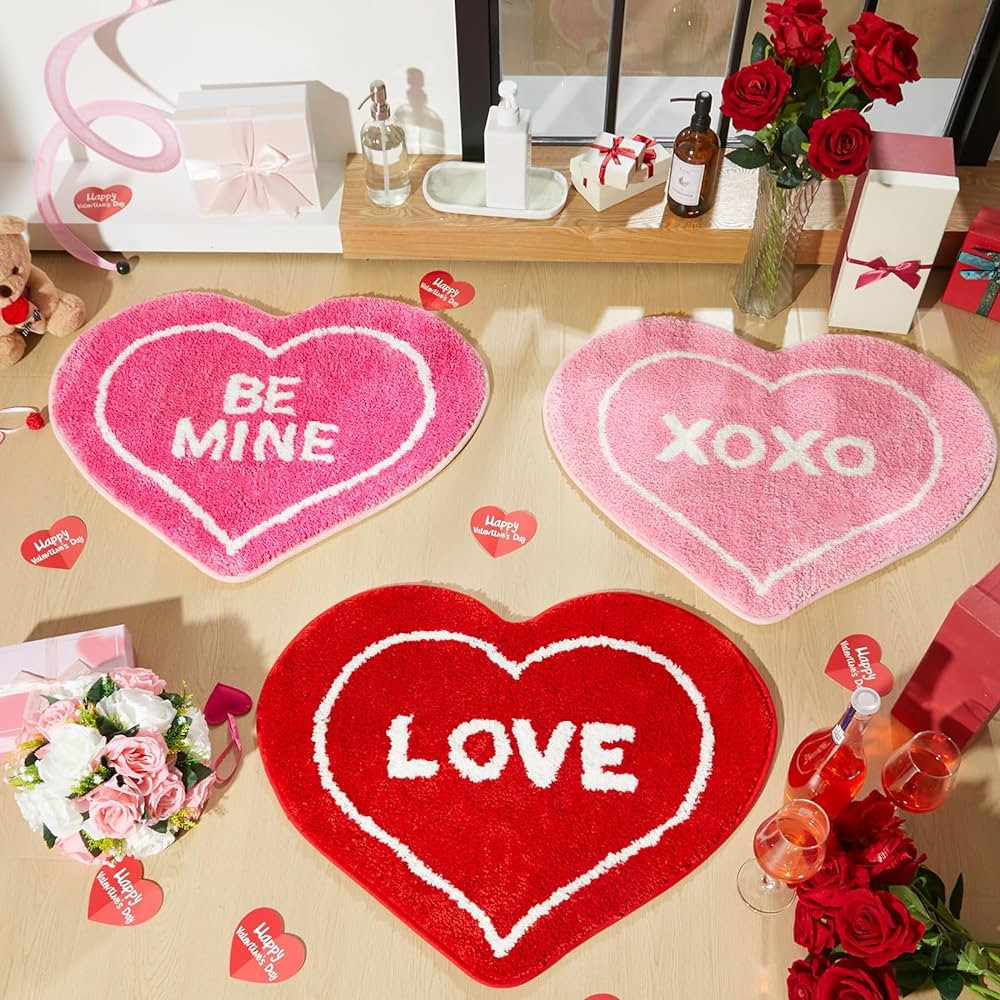 Drydiet 3 Pcs Valentine's Day Heart Shaped Rug Valentines Day Bathroom Decor Non Slip Bath Mat Re... | Amazon (US)