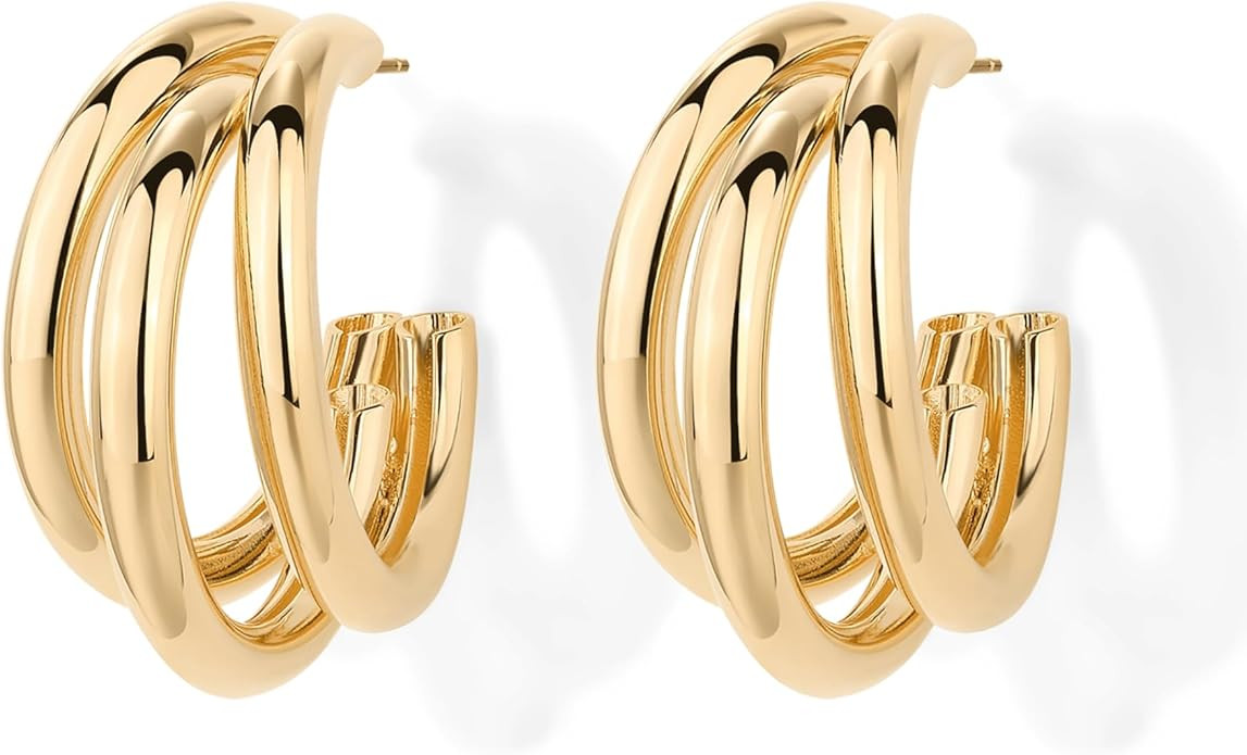 PAVOI 14K Gold Plated Chunky Multi Hoop Earrings for Women | Hypoallergenic Trendy Triple Split L... | Amazon (US)