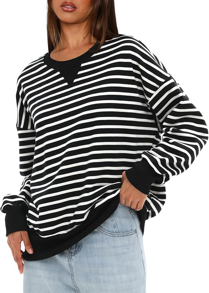 Darong Women Oversized Striped Color Block Long Sleeve Crew Neck Sweatshirt Casual Cotton Pullove... | Amazon (US)