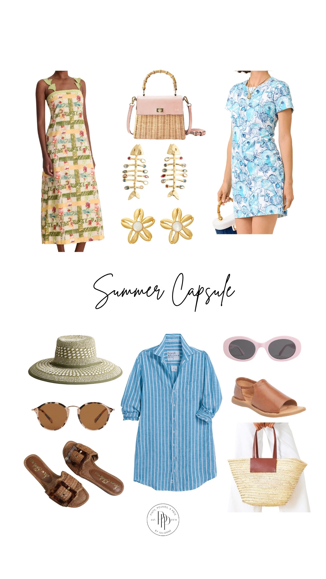Summer capsule pieces I’d pack for my next vacation!! ☀️ Easy dresses, beachy button downs, woven bags, sandals, sunnies + statement earring!! 

 #LTKootd #LTKSeasonal #LTKSaleAlert
