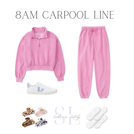 Spring fashion. Mom style. Casual outfit. Pink sweatshirt. Lounge outfit. Carpool style. 

#LTKtravel #LTKunder100 #LTKstyletip