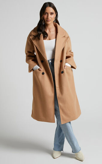 Abbie Coat - Double Breasted Longline Coat in Beige | Showpo (US, UK & Europe)