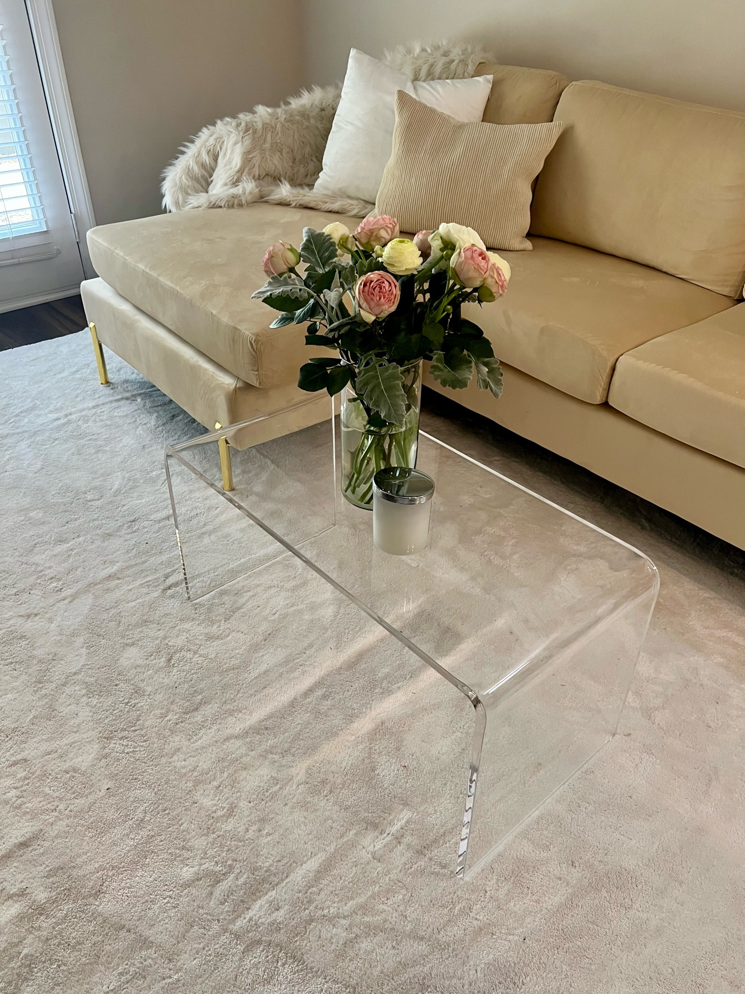 Acrylic coffee table is so sleek and sturdy - perfect for small spaces with this beige velvet compact sectional. 
love mixing materials for a modern look

#LTKsalealert #LTKhome
